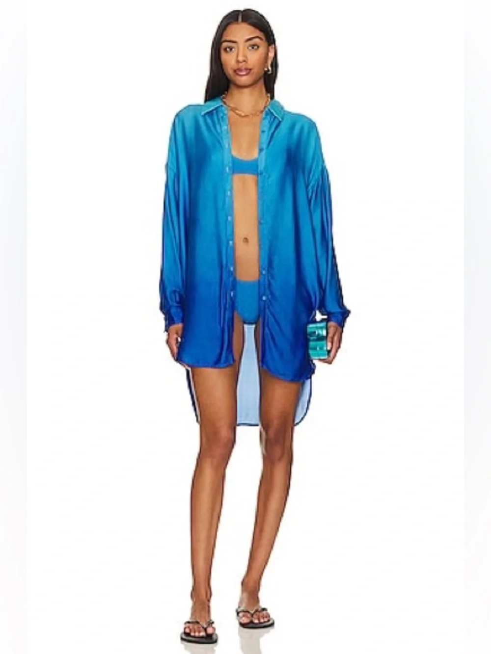 Maaji Larissa Button-Up Cover-Up Shirt in Blue Ombré, Size Small